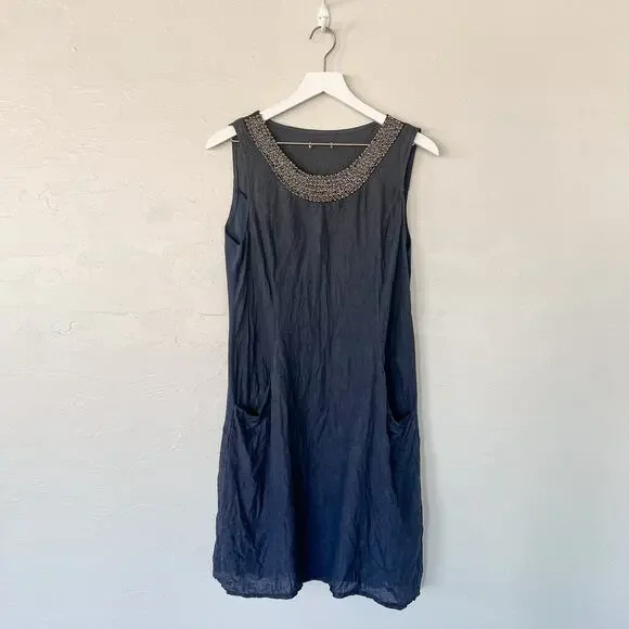 Lina Tomei Dresses Lina Tomei Blue Beaded Linen Shift Dress